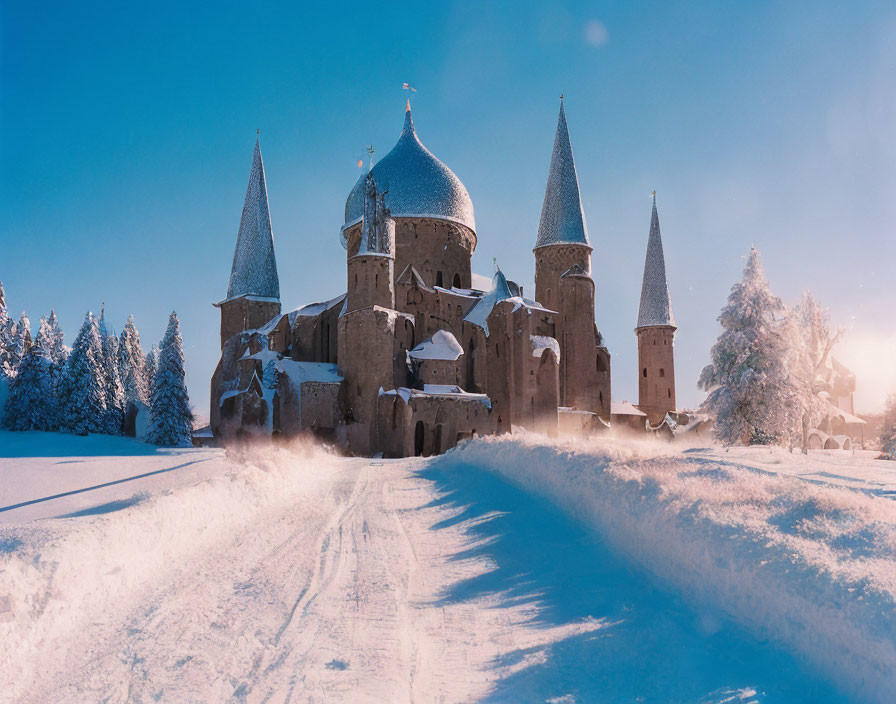 Snow-covered castle with conical towers in winter landscape