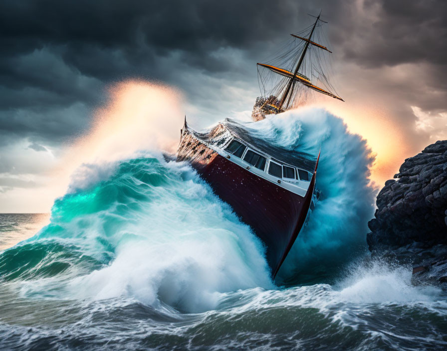 Ship in Turbulent Storm with Large Waves and Dramatic Sky