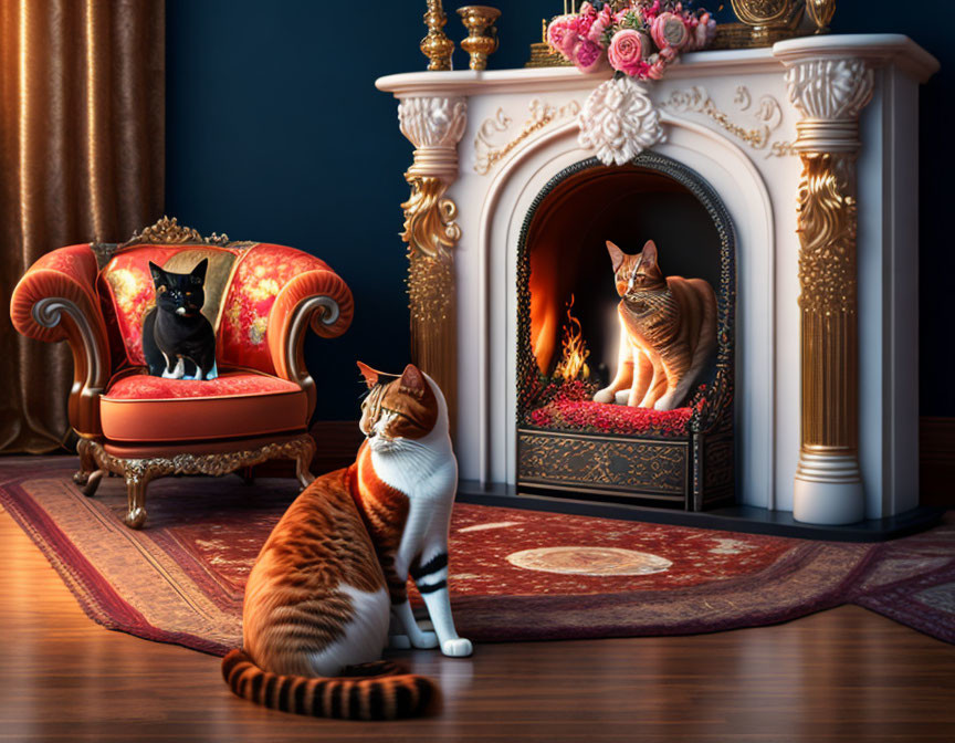 Two Cats in Elegant Room with Lit Fireplace and Red Chair