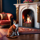 Two Cats in Elegant Room with Lit Fireplace and Red Chair