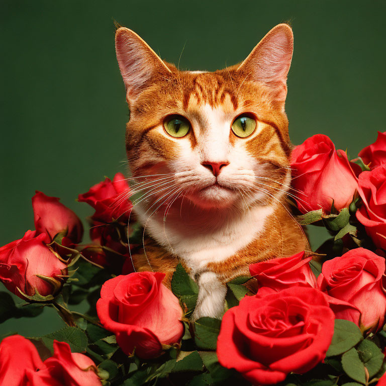 Orange Tabby Cat with Green Eyes Among Red Roses on Green Background