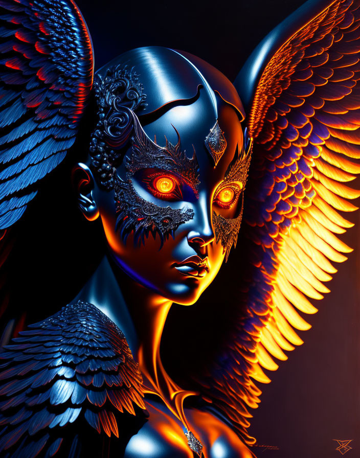 Digital artwork: Metallic-faced figure with glowing orange eyes and dark blue wings on black background