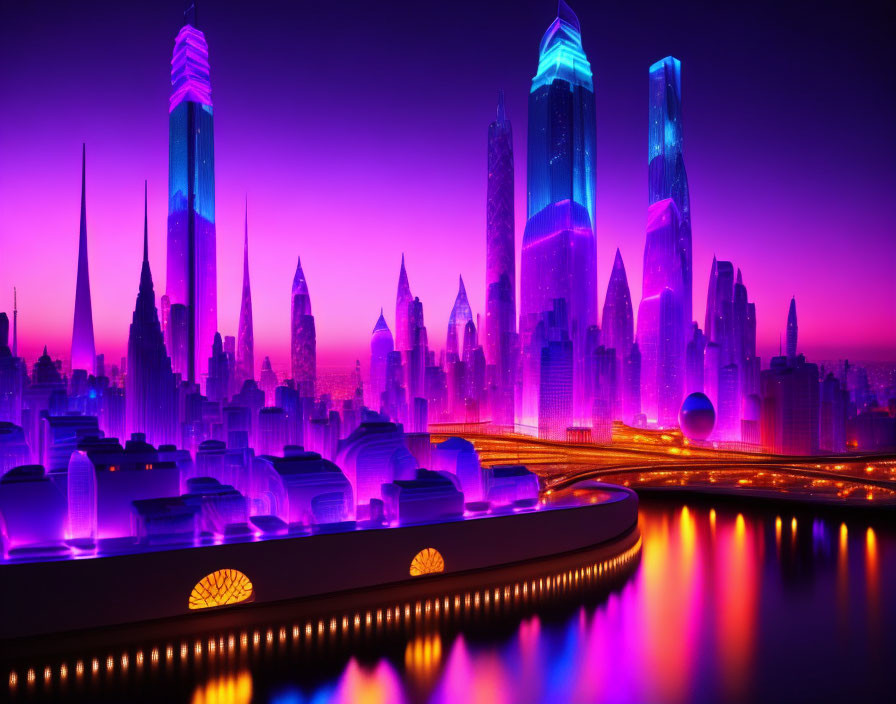 Futuristic city skyline at twilight with neon lights & sleek skyscrapers