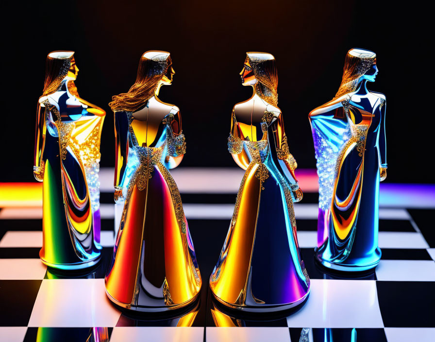 Elongated, Reflective Mannequin Figures on Checkered Surface