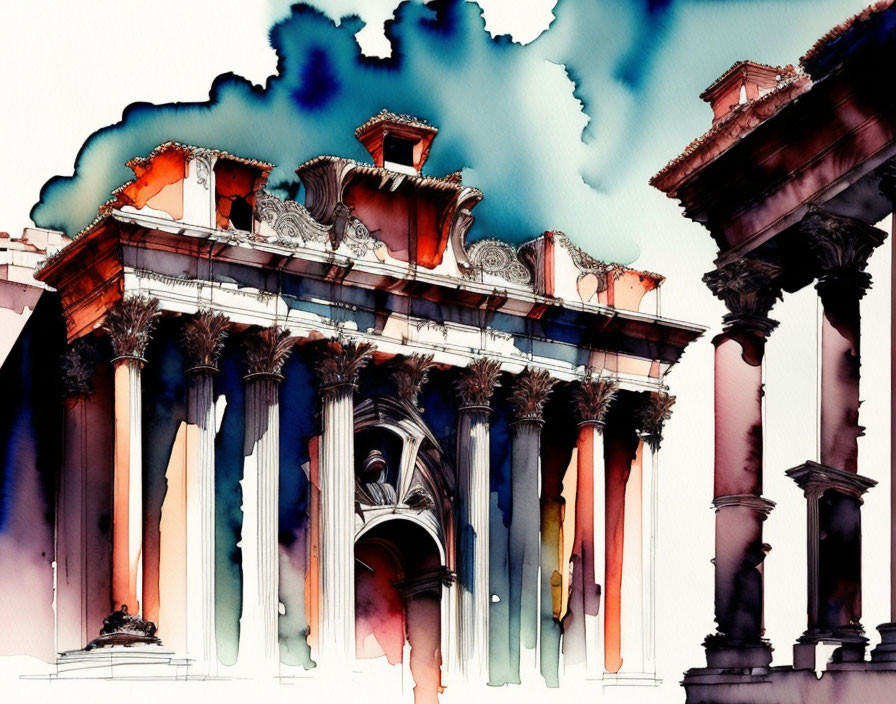 Classical architectural structure in vibrant watercolor