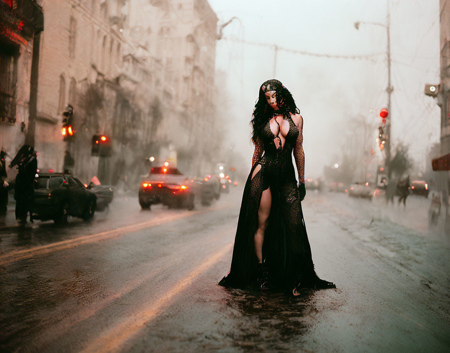 Elaborate Black Costume Figure on Snowy Street at Twilight