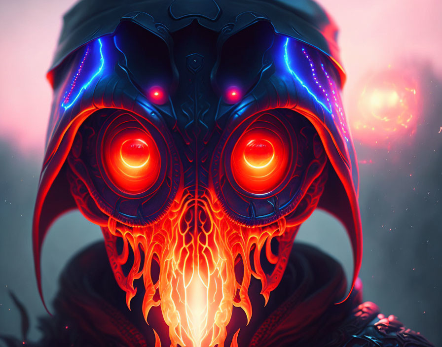 Digital Artwork: Figure in Glowing Helmet with Neon Patterns