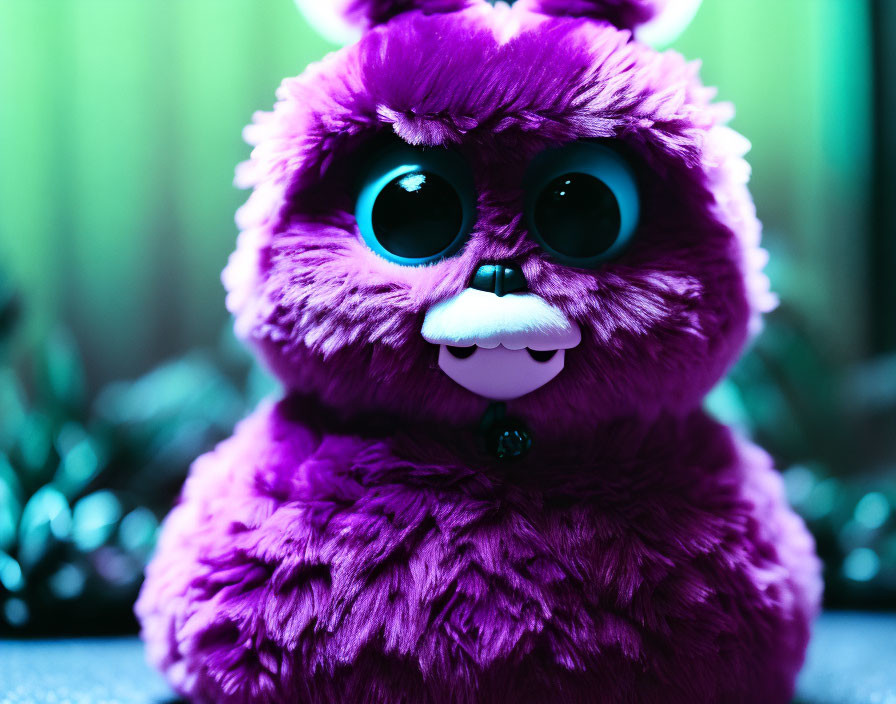 Purple furry creature with blue eyes, beak, and button on chest on green background