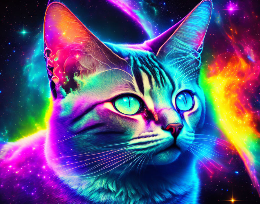 Colorful digital artwork: cat with luminescent fur in blue and pink, cosmic stars and neb