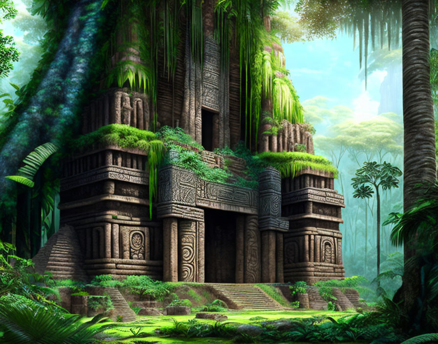 Ancient overgrown temple in lush jungle with intricate stone carvings