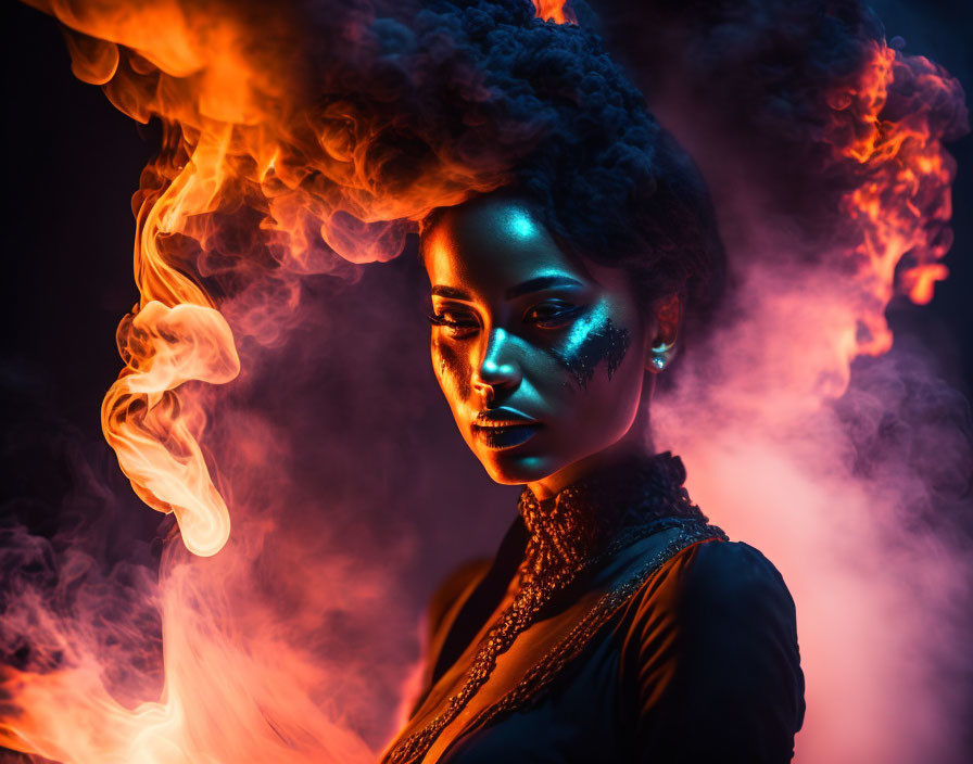 Intense woman portrait with dramatic makeup in swirling orange and red smoke