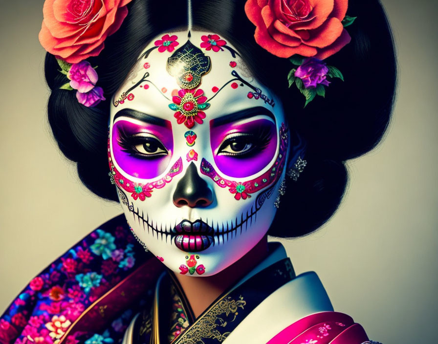 Person with Dia de los Muertos skull face paint and vibrant makeup wearing traditional outfit