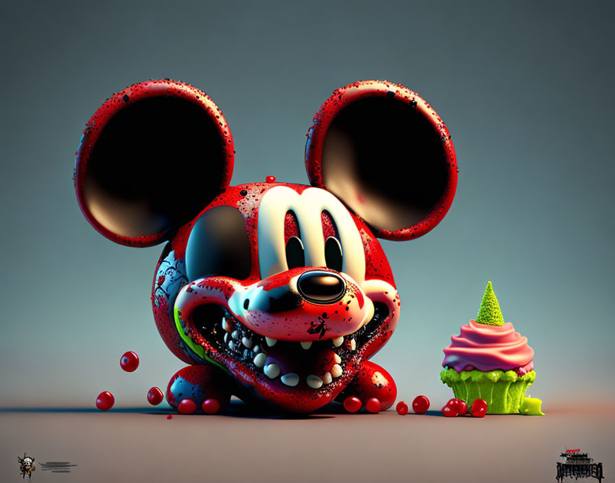 Stylized cartoon mouse character with red spheres and ice cream cone