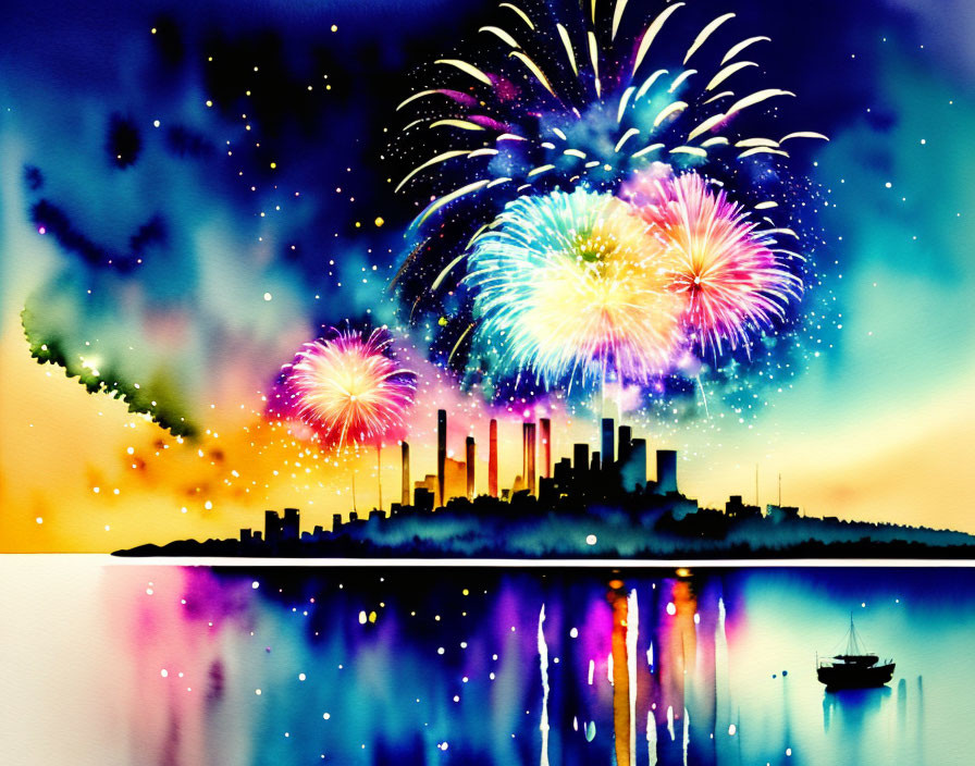 Colorful watercolor painting of fireworks over city skyline with reflections and boat