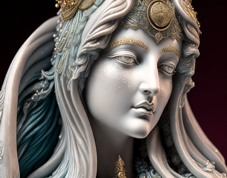 Detailed 3D artwork of female figure with golden headdress & facial markings