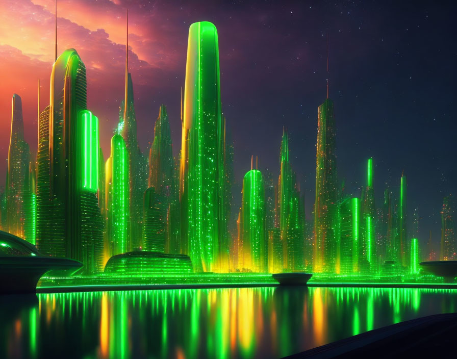 Futuristic neon green cityscape at night with tall buildings and starry sky