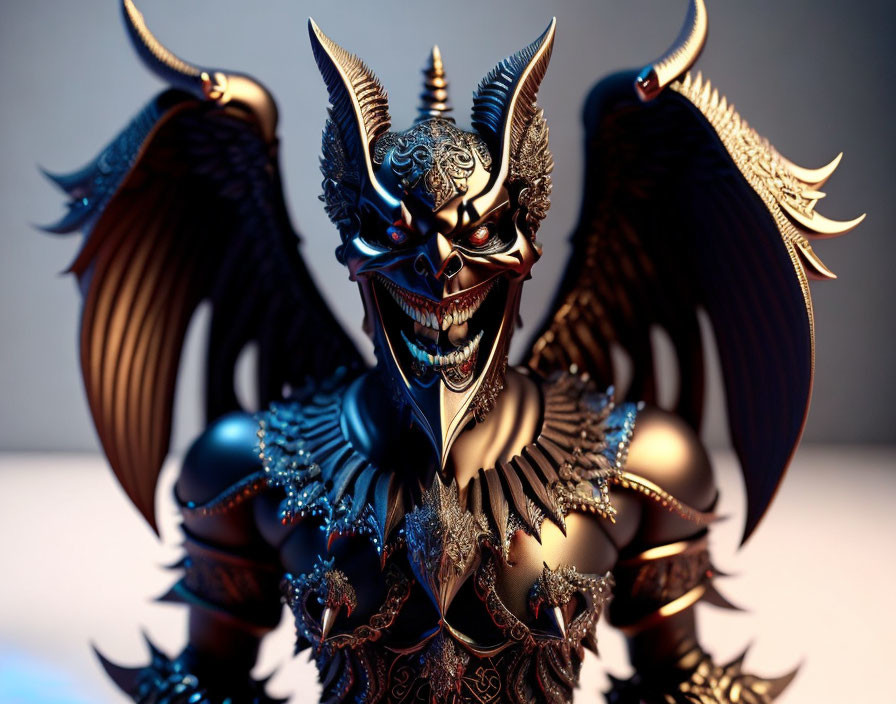 Detailed Winged Creature Statue with Horns and Gold Accents