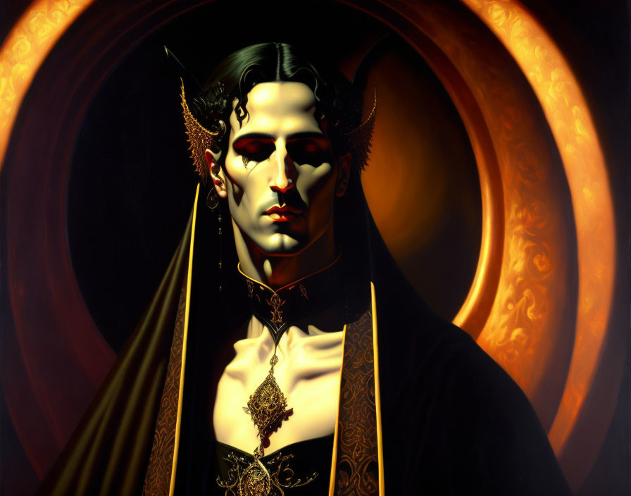 Dark and mystical figure with horns in golden robe and jewelry