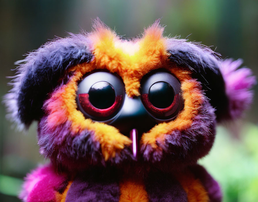 Colorful Plush Toy with Large Shiny Eyes and Orange, Yellow, Purple Fur