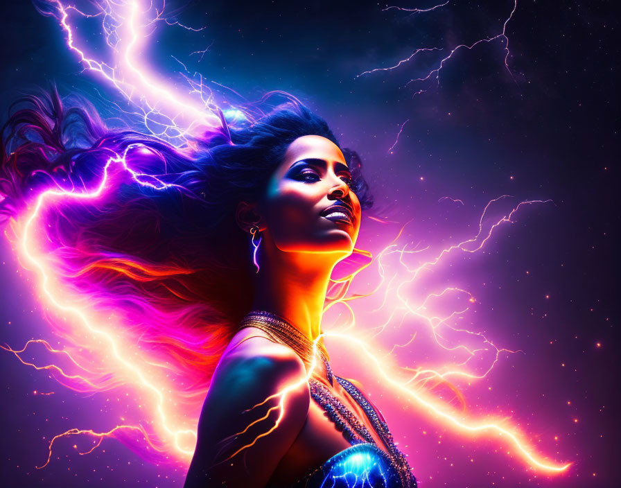 Woman with Flowing Hair in Vibrant Purple and Blue Lightning on Dark Background