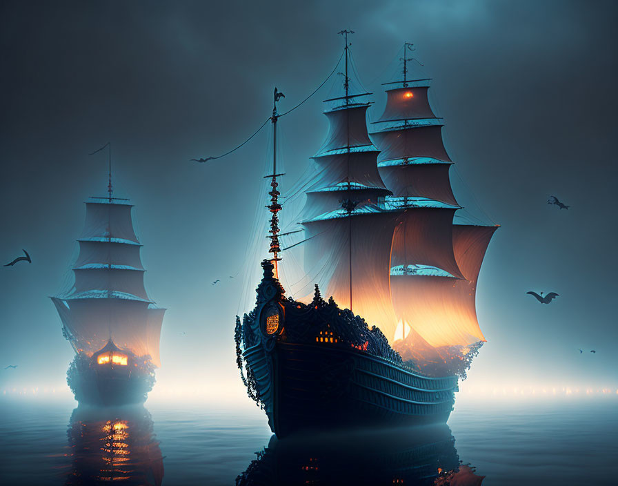 Historic sailing ships with lanterns in misty sea at dusk