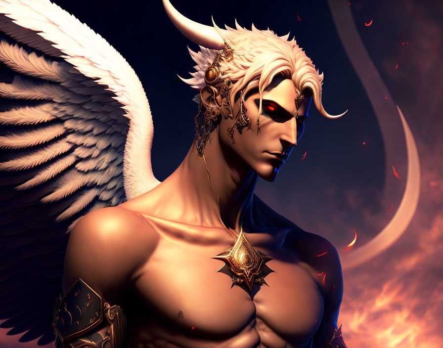 Muscular character with white wings, horns, and golden jewelry in fantasy illustration