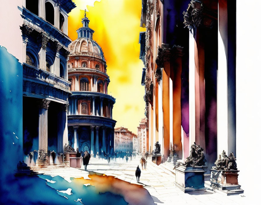 European cityscape watercolor painting with classical architecture and colorful columns.