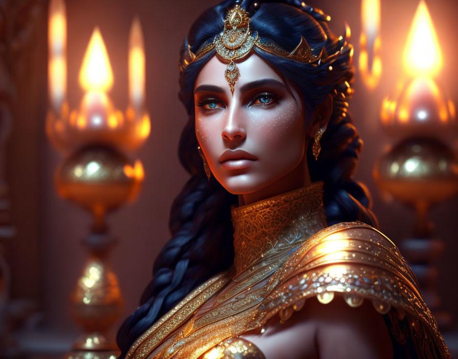 Blue-skinned female character adorned with golden jewelry and a lavish headdress, surrounded by glowing candles