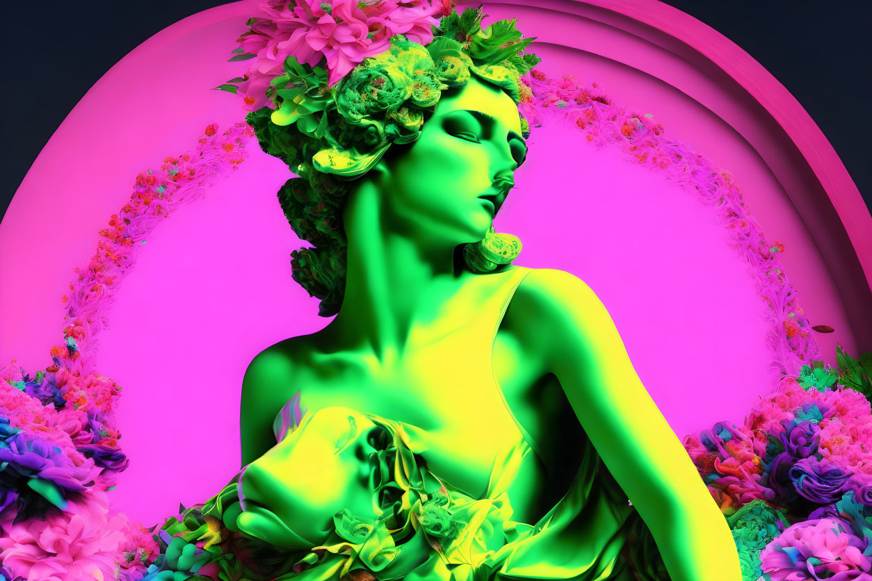 Colorful digital art: Green female figure with floral decorations on pink and purple background