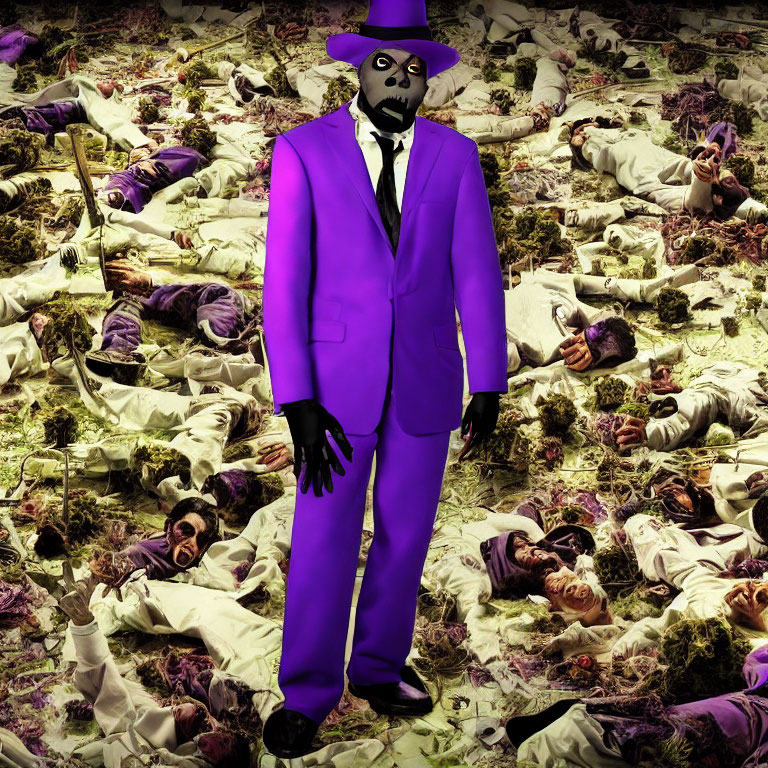 Purple-suited figure amidst sprawled bodies in surreal landscape