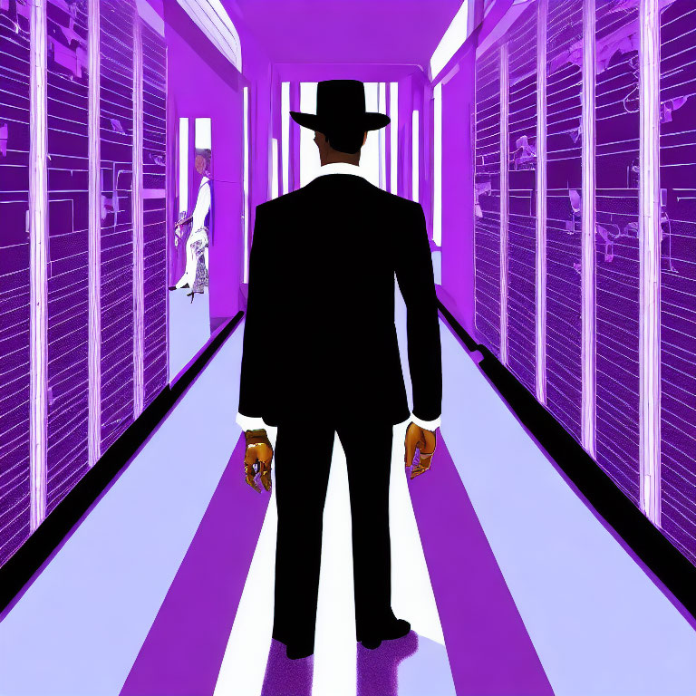 Illustration of person in hat and suit walking down purple hallway with figures in rooms