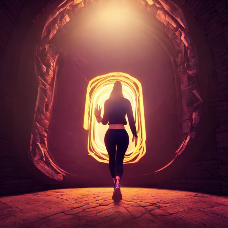 Person stands before glowing portal in dark stone tunnel