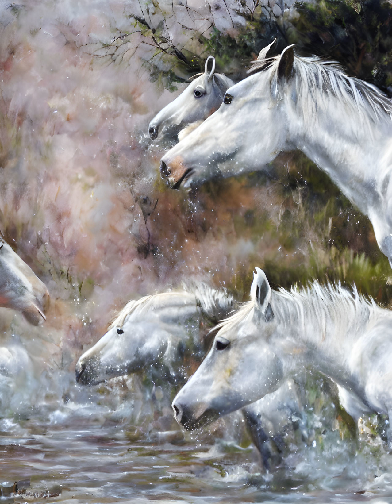 Four white horses galloping through water with trees in soft-focus