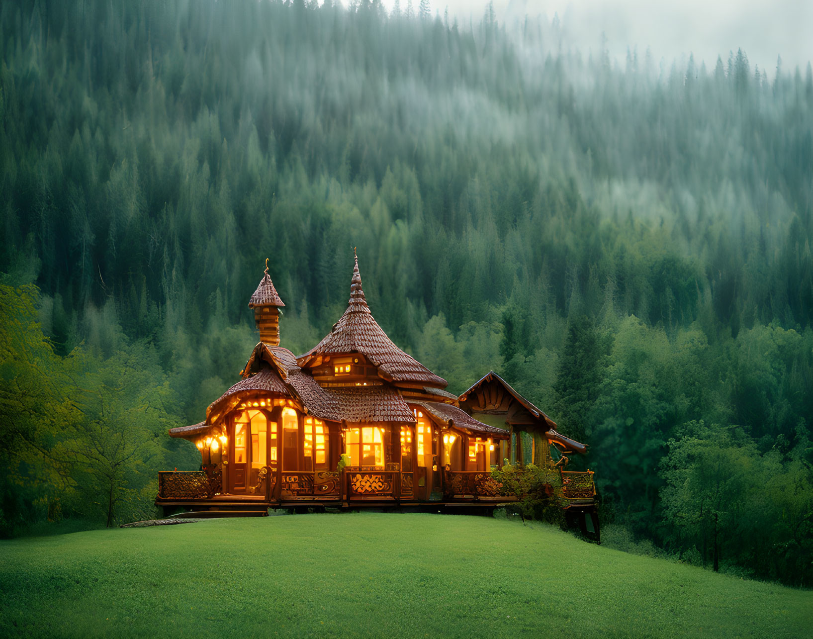 Intricately designed wooden house at twilight with misty forest.