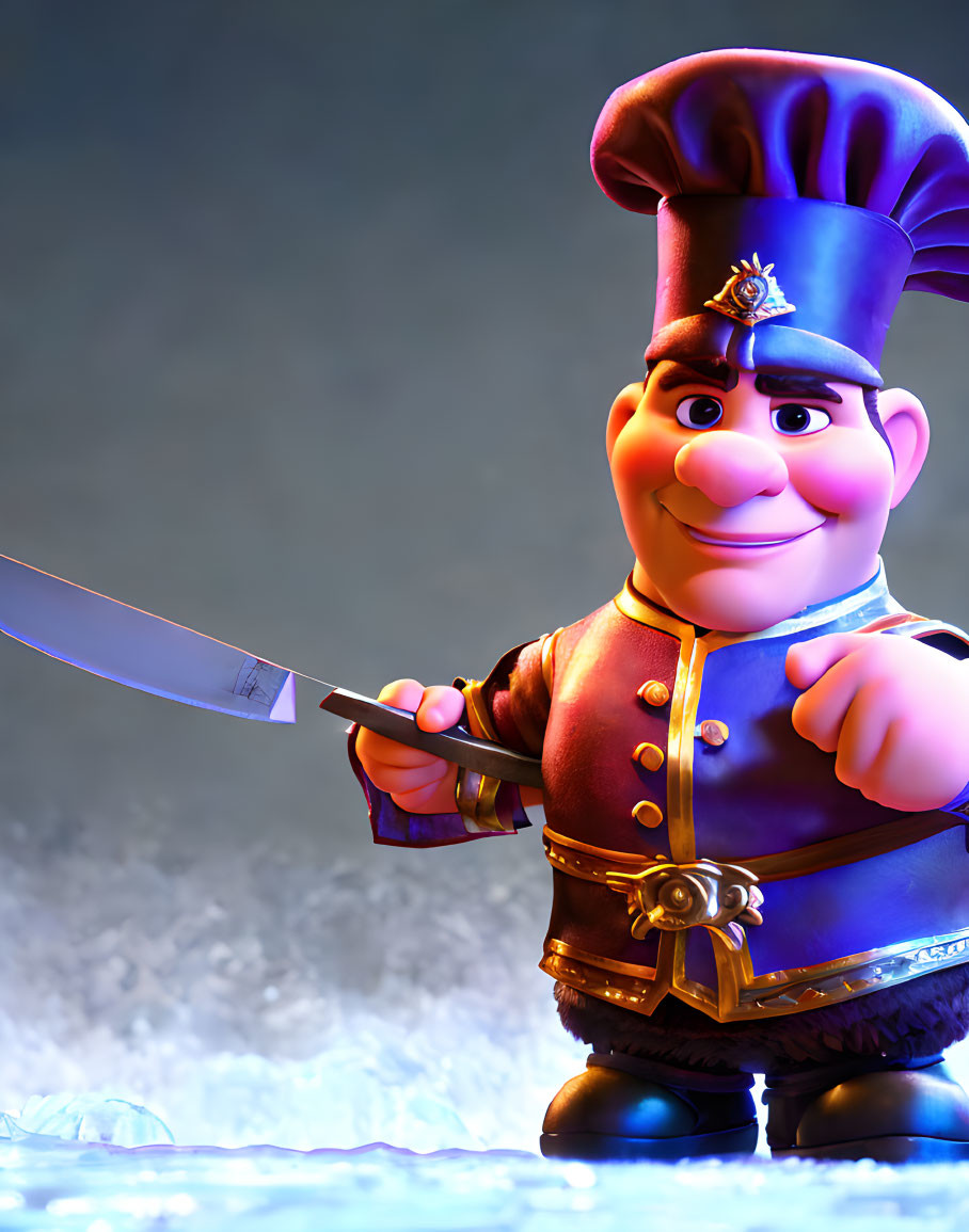 Smiling 3D animated chef character in military-inspired outfit with knife