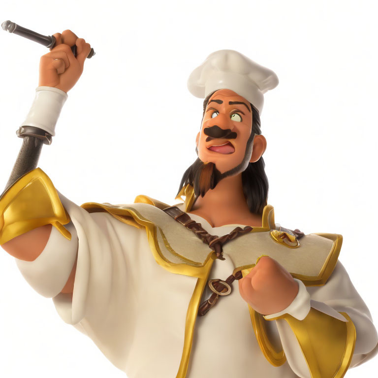 Chef character in white and gold outfit with utensil and confident smile