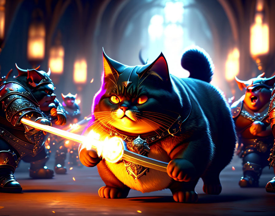 Plump armored cat with glowing sword leads warriors in medieval hall