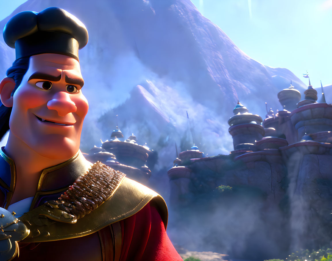 Smiling animated character in guard uniform with mountains and fortress.