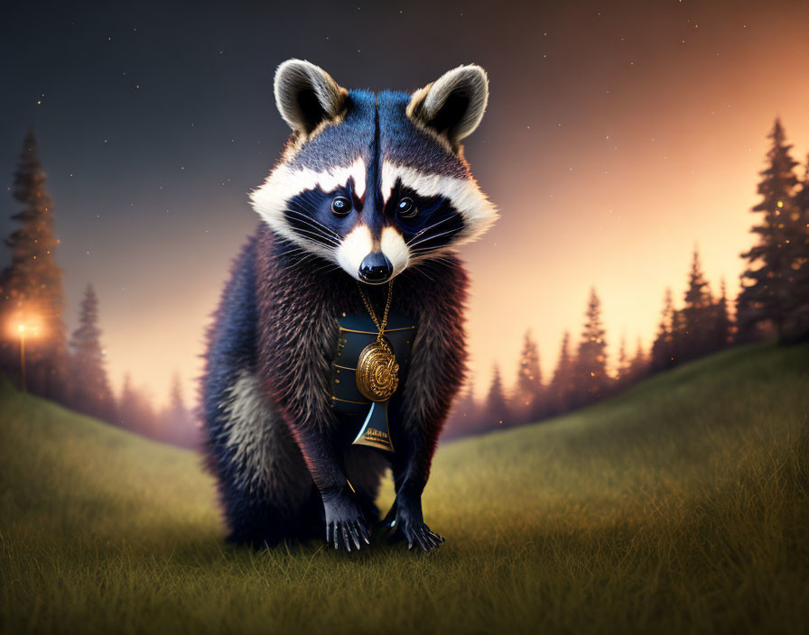 Stylized raccoon with gold medal at twilight on grass