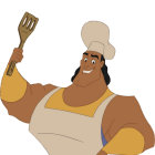 Chef character in white and gold outfit with utensil and confident smile