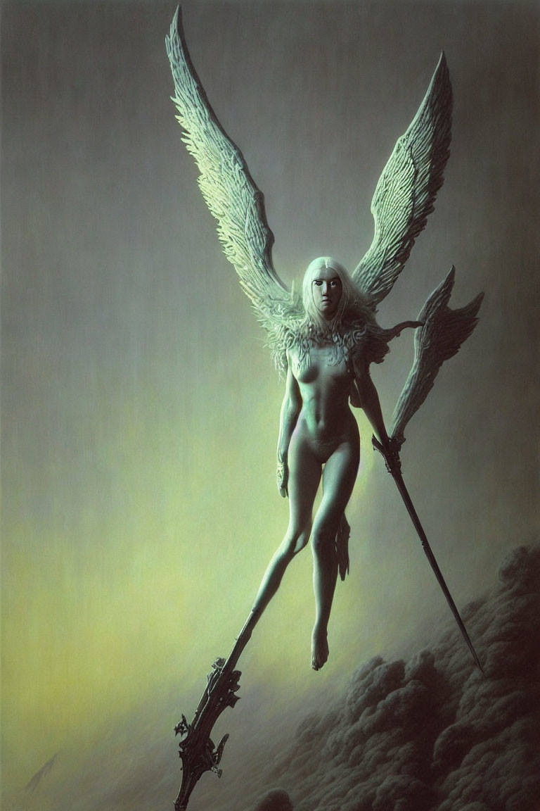 White Feathered Winged Figure with Spear on Clouds