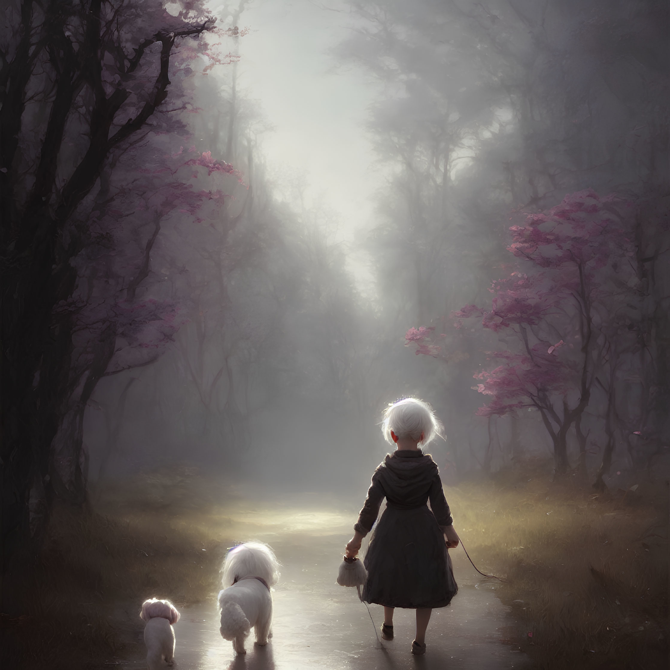 Child with white hair walking with two dogs in misty forest with pink trees