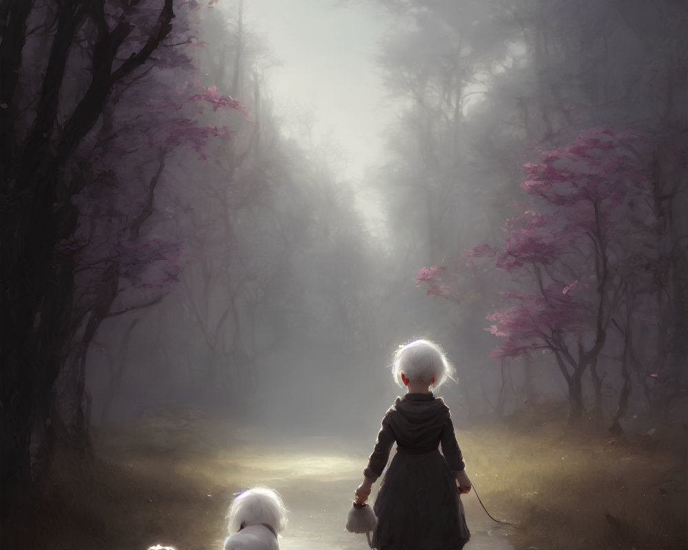 Child with white hair walking with two dogs in misty forest with pink trees