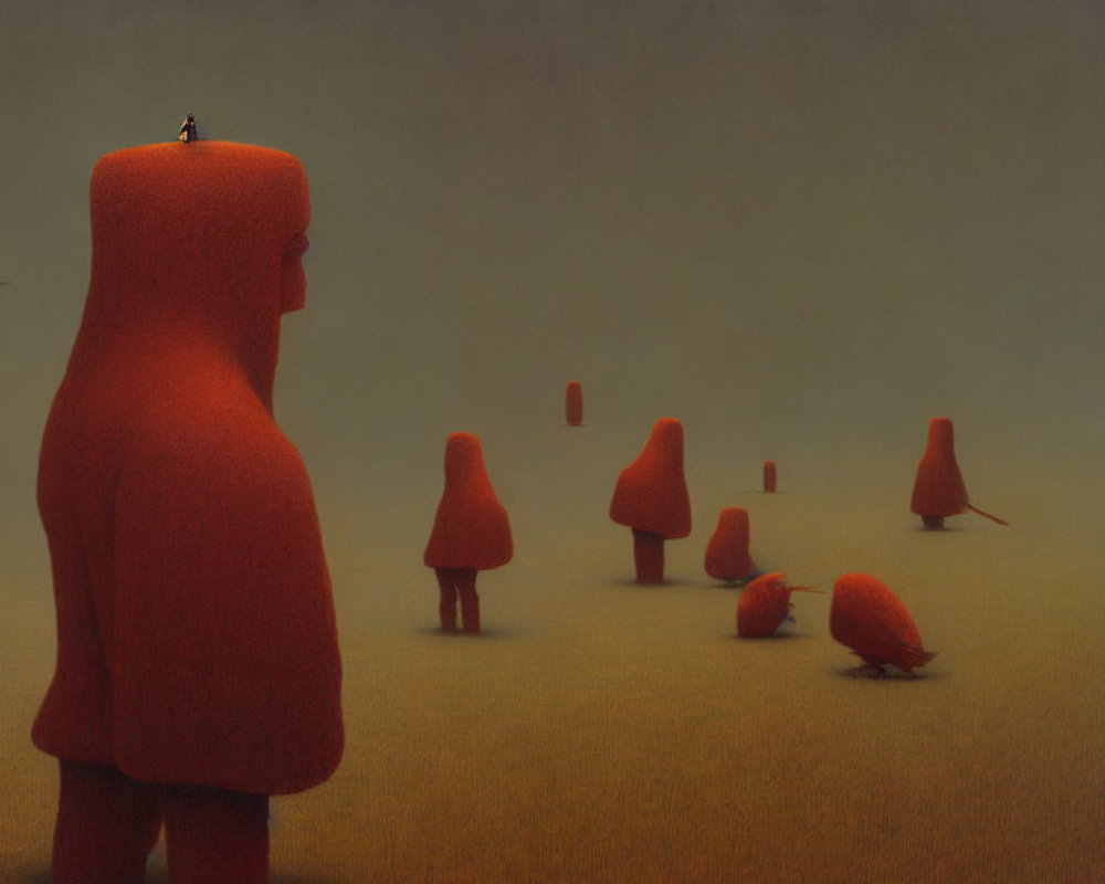 Surreal red humanoid figures with tree-like shapes in misty yellow field