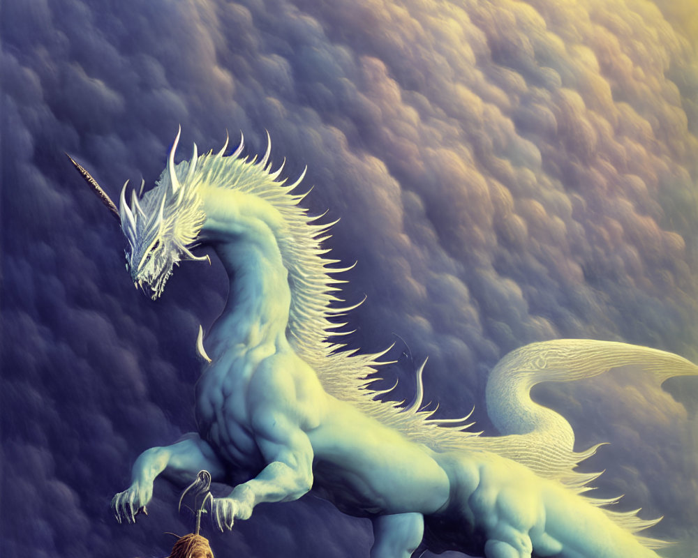 Dragon and warrior face off in golden-hour sky