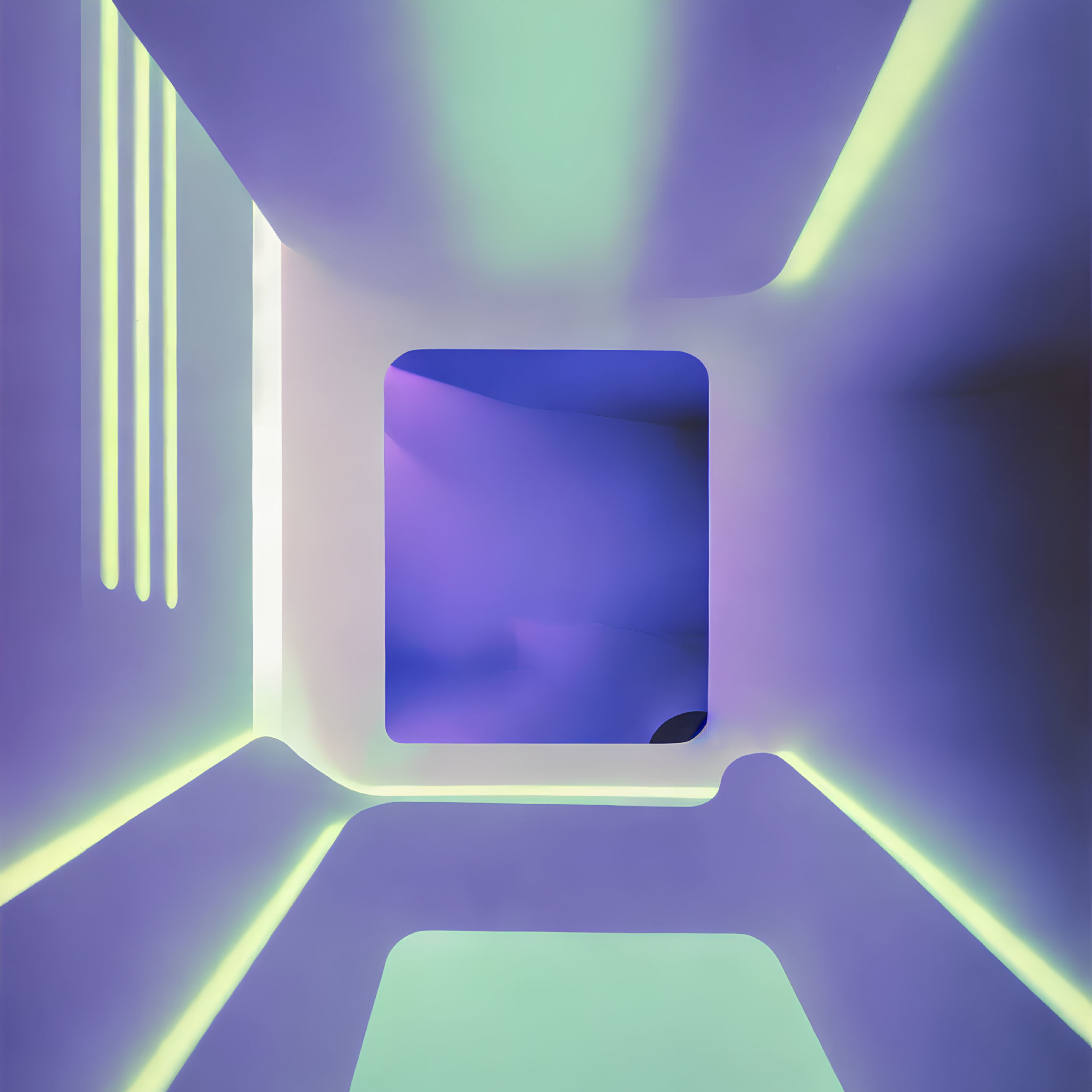 Futuristic room with purple and yellow lights and square aperture