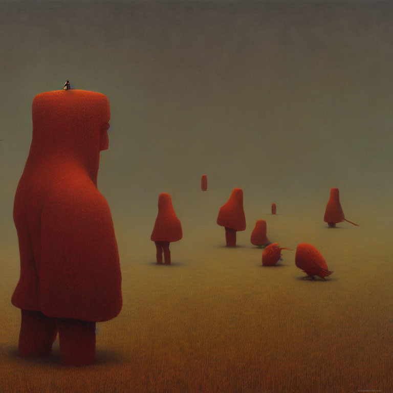 Surreal red humanoid figures with tree-like shapes in misty yellow field