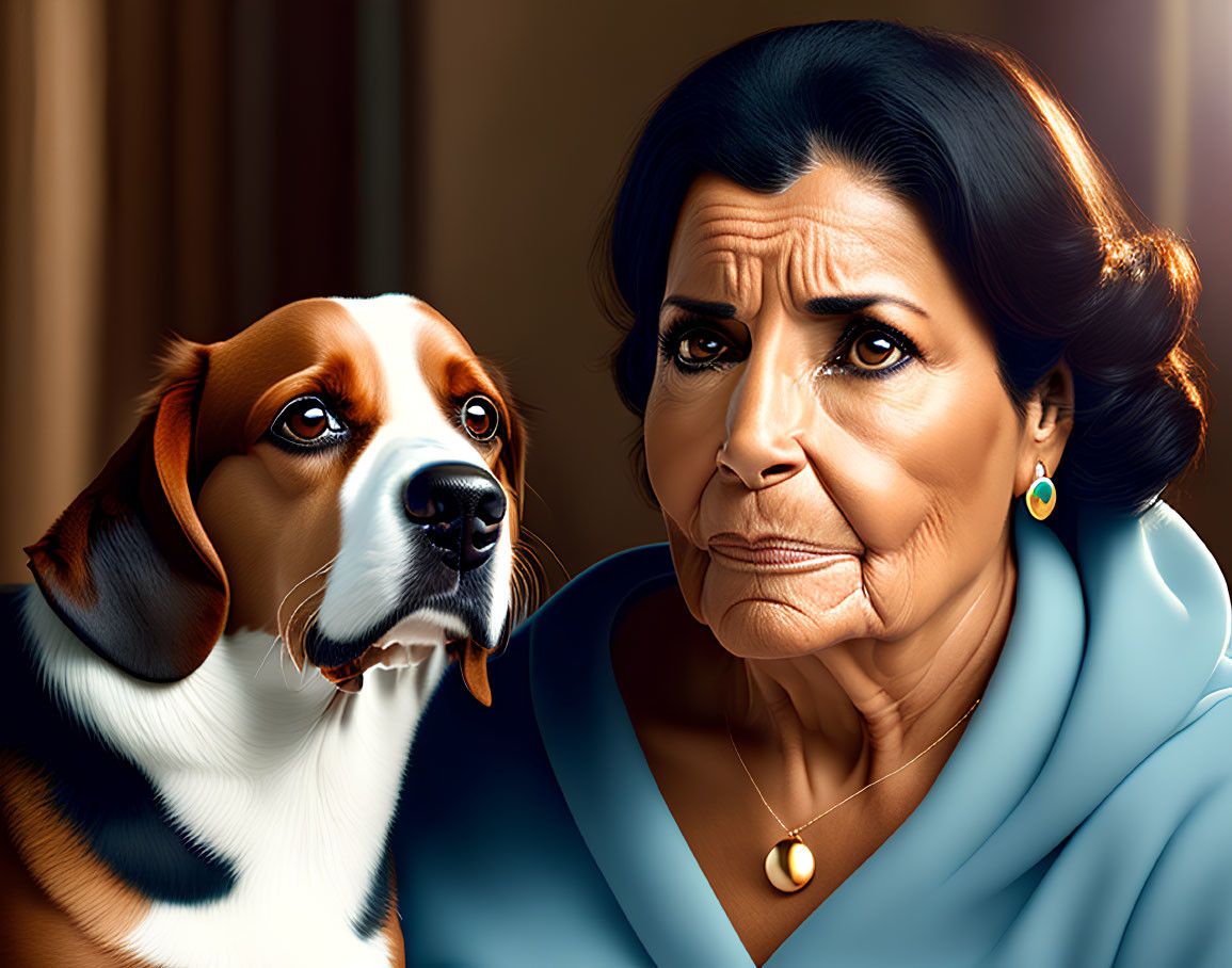 Serious elderly woman and beagle dog in warm indoor light