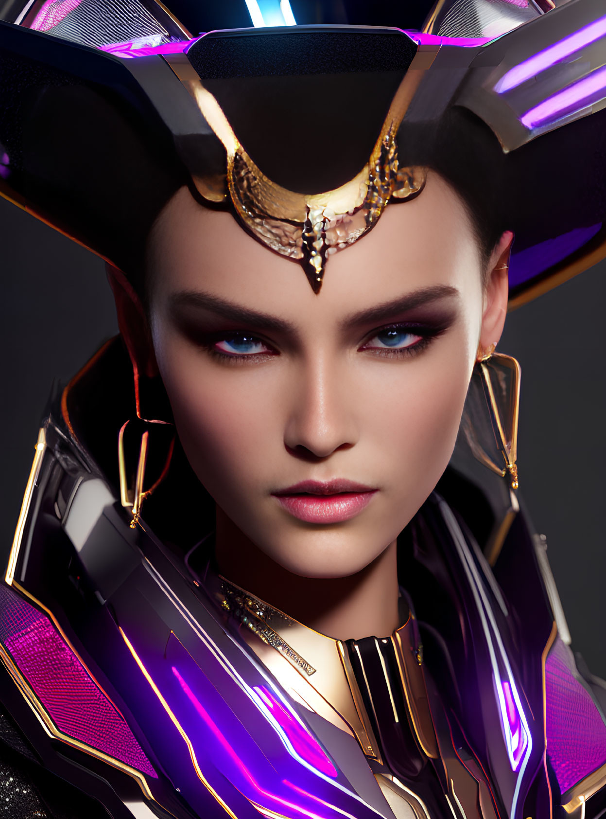 Detailed Close-Up of Person in Futuristic Armor with Gold-Accented Helmet