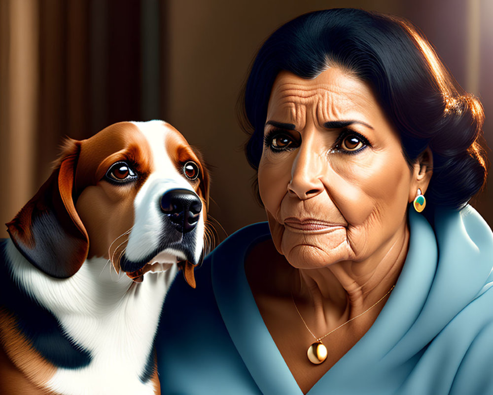 Serious elderly woman and beagle dog in warm indoor light